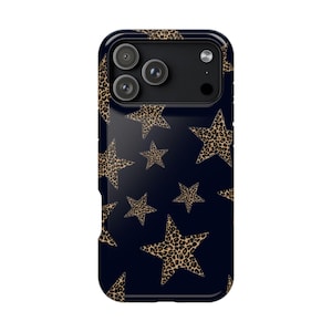 May include: A navy blue phone case featuring a pattern of leopard print stars. The case has a glossy finish and a camera cutout with three lenses. The stars vary in size and are scattered across the surface.