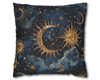 Whimsigoth Decor 90s Celestial Print Pillowcase Boho Decor Astrology Gift Home Accent Starry Night Pillow Moon & Sun Cushion Cover Sky Cush