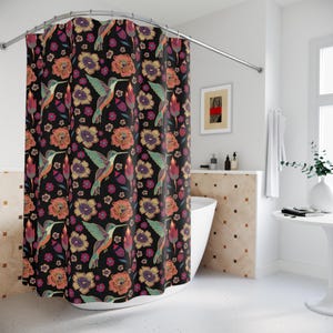 Vibrant Floral Shower Curtain Boho Bathroom Decor Tropical Hummingbird Pattern Cottagecore Floral Shower Curtains Botanical Shower 71 x 74