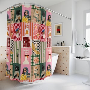 May include: A shower curtain featuring a colorful patchwork pattern of pink, green, and white panels. The design includes illustrations of cats, ducks, and people wearing sunglasses, along with floral motifs and the text WHAT THE CHILL printed in bold.
