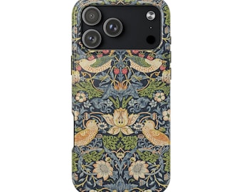 May include: A phone case with a decorative floral and bird pattern in shades of navy blue, green, yellow, and red. The case has a glossy finish and a camera cutout with three lenses.