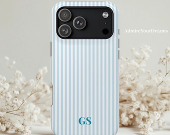 Personalized Blue Phone Case iPhone 17 16 15 14 13 Case Custom Monogram iPhone Case Aesthetic Blue Striped Phone Case Summer Coastal Case