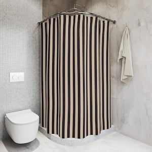 May include: A shower curtain with vertical black and beige stripes hangs from a curved shower rod. The curtain is the focal point of a bathroom scene, with a white toilet and a wall-mounted towel visible. The bathroom has a modern design.