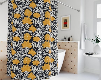 Floral Simple Rustic Boho Shower Curtain Bathroom Decor Botanical Print Nature-Inspired Modern Gift Dorm Cream Gold Black Minimal Organic