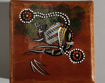 Hand Painted Aboriginal Kangaroo Art Wooden Drink Coasters in Box (Set of 6)