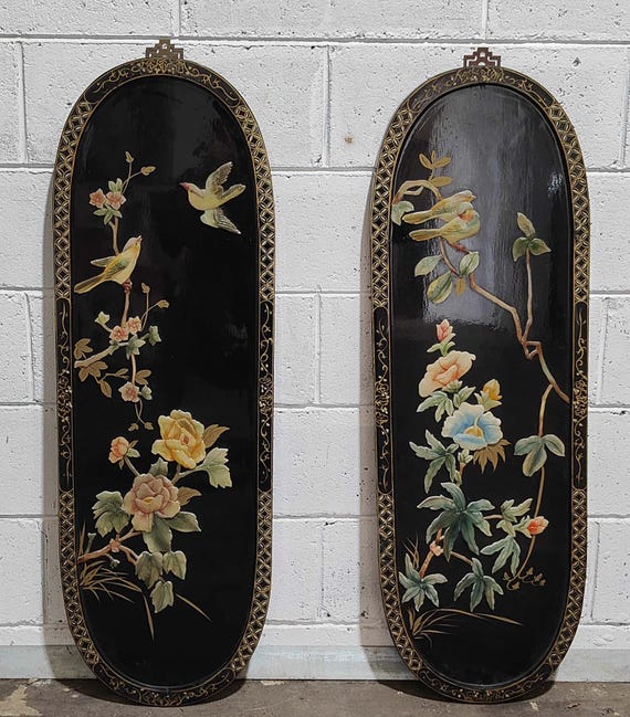 2x Vintage Chinese Black Lacquer Mother of Pearl Oval Wood 2x Vintage Chinese Black Lacquer Mother of Pearl Oval Wood