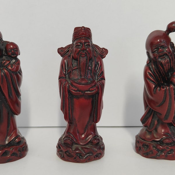 Figurines Fengshui chinoises des trois immortels porte-bonheur Fuk Luk Sau en résine rouge - 4 x 4 x 10 cm