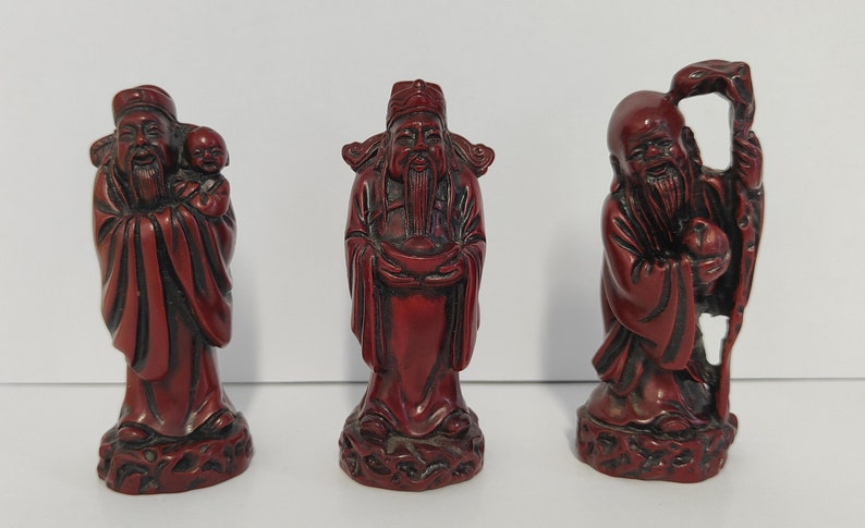 Chinese Fengshui Three Lucky Immortals Fuk Luk Sau Red Resin Figures 4x4x10cm image 1