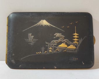 Vintage Japanese Damascene 24K Gold Inlaid Mount Fuji Cigarette Case (8x12x1cm)