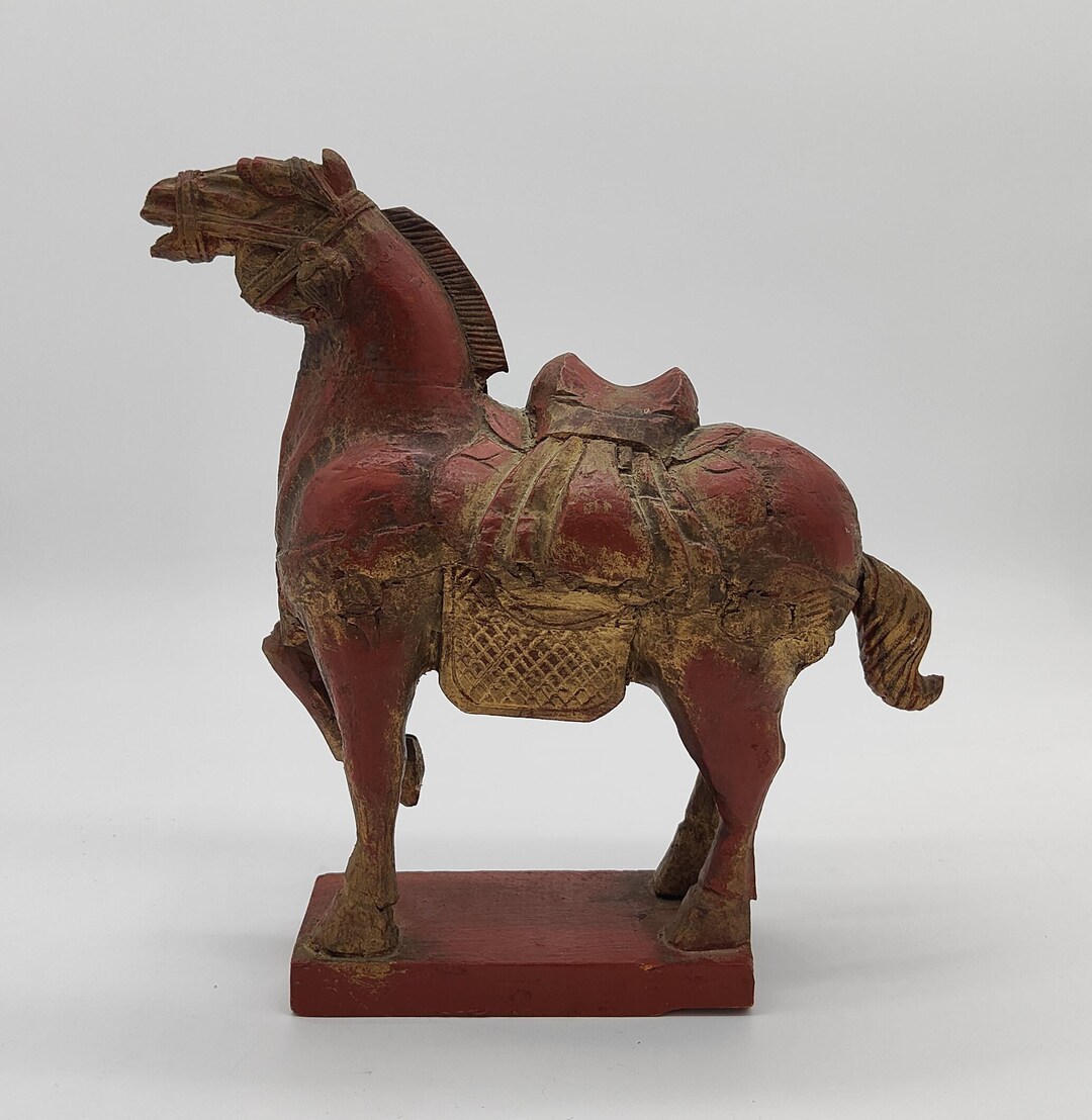 Vintage Large Wood Carved Painted Tang Style Horse Sculpture 28x10x28cm
