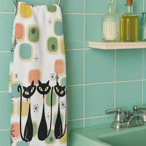 Retro Black Cat Guest Towel, Mid Century Atomic Bathroom Decor