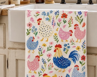 Colorful Rooster and Hen Pattern Microfiber Tea Towel | Farmhouse Kitchen