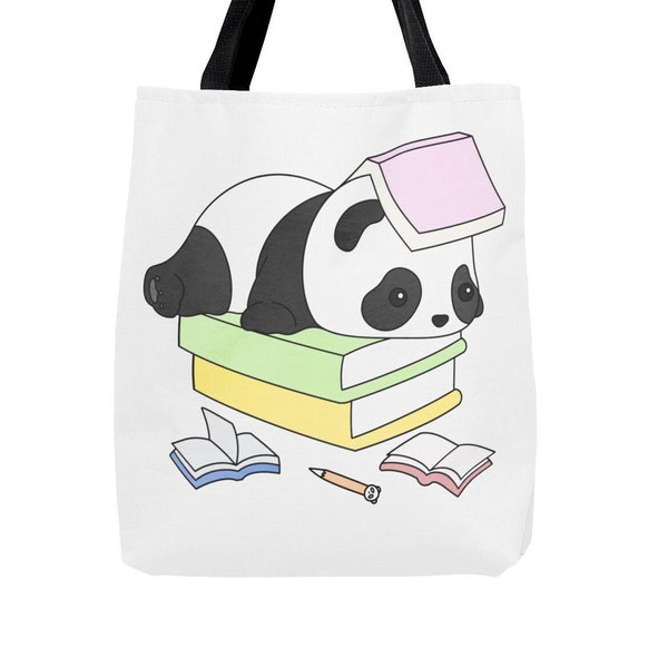 Cute Panda with Books tote bag for book lovers school tote library gift zoo animal gifts panda bear bag for teacher recyclable grocery bag