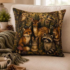 Kussen met bosdieren | Vos, hert, wasbeer, uil, sierkussen, cottage core home