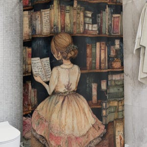 Vintage Books Shower Curtain Retro Reader Decor Bathroom Decoration, Bookworm Gift, Literary Home Decor