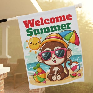Monkey Welcome Summer Garden Flag: Beach Outdoor Decor (12x18)