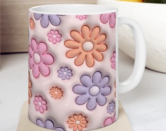 Flower coffee  Mug Pink and Purple coffee cup Retro 70s flower power mug 3-d looking coffee cup  (11oz, 15oz)Gifts for sisters