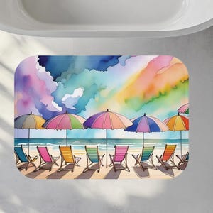 Beach Bath Mat Nautical Ocean Rug Coastal Home Decor Beach umbrella Seaside Bathroom Mat Colorful bath Rug, Soft  Rug Housewarming gift