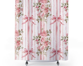 Pink Bows and Roses Shower Curtain Coquette Bathroom decor Girly shower curtain Elegant pink bathroom decor 71x74