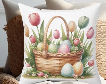 Spring Tulips Basket Square Pillow Easter Farmhouse Decor, Reversible Throw Pillow, Holiday Home Decor, Easter Eggs Pillow, Spring Floral