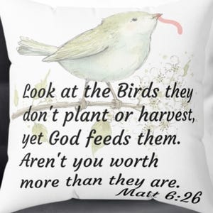 Almohada con escrituras cristianas, pájaro, decoración para el hogar - Almohada inspiradora de fe cristiana Mateo 6:26 Dios cuida de ti