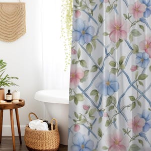 Tende da doccia floreali, decorazioni per il bagno, fiori blu e rosa, decorazioni per la casa, tenda da bagno in tessuto, accessori per il bagno floreali