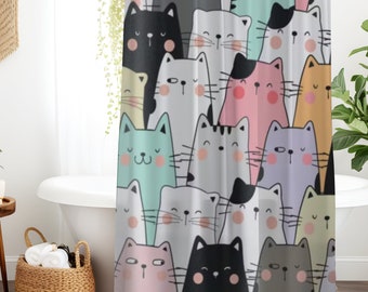 Cat Shower Curtain Cat lover home decor whimsical bathroom decoration water resistant washable house warming gift cute kittens bath decor