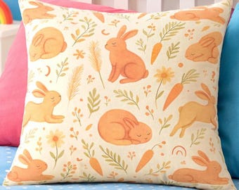 Rustic Bunnies Pillow | Square Easter Throw Pillow, Carrot Floral Accent Boho style