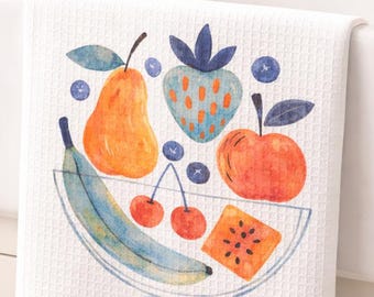 Ręcznik kuchenny w akwarelowej misce z owocami | Waffle Weave