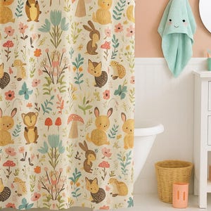 Woodland Animals Kids Shower Curtain, Forest Creatures, Fox, Bunny,Hedgehog,Nature Theme Bathroom Décor for Children
