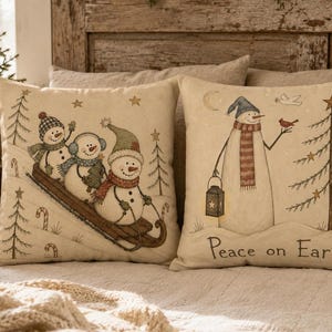 Kissen mit Schneemannmotiv, Vintage-Weihnachtskissen, Dekokissen „Frieden auf Erden“