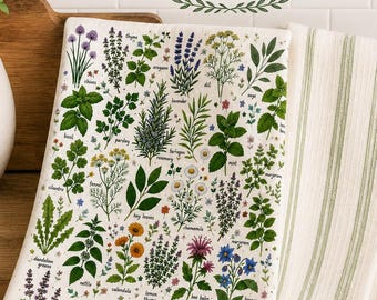 Ściereczka kuchenna z mikrofibry z ziołową tabelą botaniczną | Ilustrowane zioła, nadruk z ziołami kuchennymi