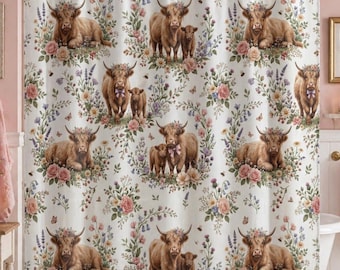 Cortina de ducha con estampado floral de vaca de las Tierras Altas / Ternero y flores, botánica en tonos pastel