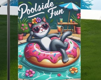 Bandeira de jardim com gato à beira da piscina: decoração de verão dupla face