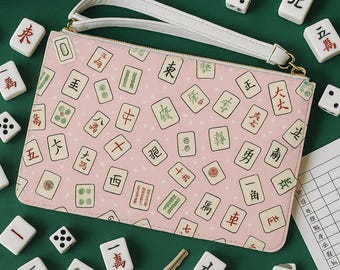 Pink Mahjong Tile Clutch Bag with Wristlet: Asian-Inspired Party Purse