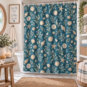 May include: A shower curtain featuring a deep blue background with a repeating pattern of beige seashells, starfish, sand dollars, and white coral-like seaweed sprigs. The design is printed across the fabric, which hangs from a metal rod.