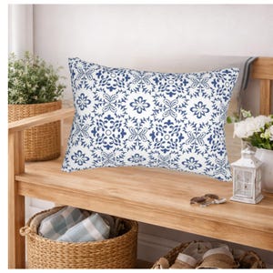 Blue Tile Lumbar Pillow Cover Reversible Coastal Farmhouse Accent