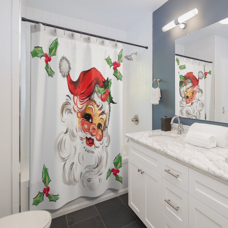 Americana Country Christmas Santa Fabric Shower Curtain - Holiday Bathroom Decor