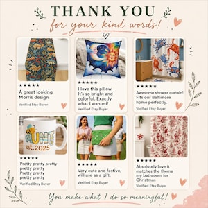 May include: A collage of six customer reviews featuring product photos: a Morris-style table runner, a sun and moon pillow, a crab shower curtain, an Aunt est. 2025 mug, a green golf pouch, and a red and white Christmas-themed shower curtain.