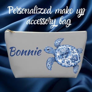 Bolsa de accesorios con diseño de tortuga, elegante neceser de maquillaje, regalo azul chinoiserie, cartera personalizada, bolsa con cremallera, estuche para cosméticos