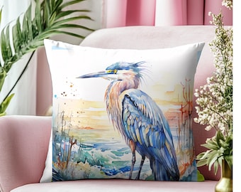 Cojín de garza azul: decoración costera playera para el hogar