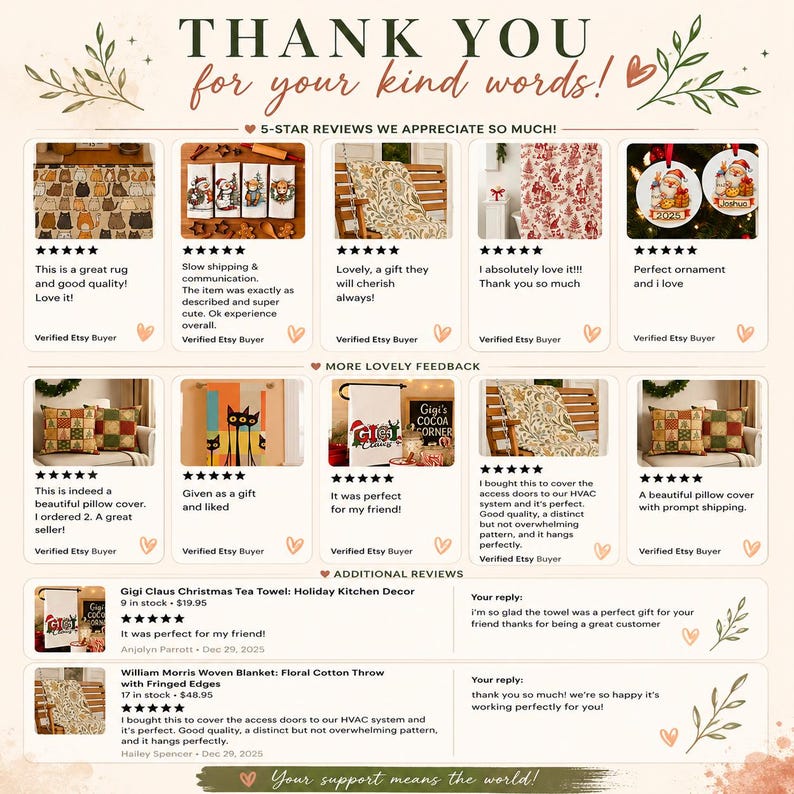 May include: A digital graphic display titled Thank You for your kind words featuring a collection of customer reviews for various home goods including cat rugs, holiday ornaments, floral blankets, and decorative pillow covers with five-star ratings.