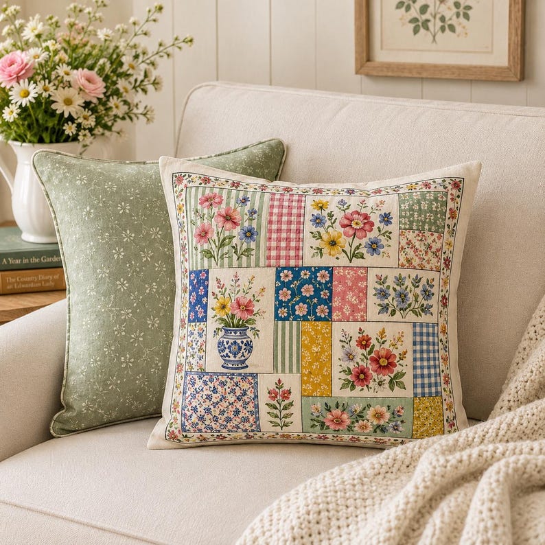 K&ouml;nnte beinhalten: Quadratisches Zierkissen mit einem Patchwork-Blumenmuster. Das Kissen zeigt Quadrate mit verschiedenen Blumenmustern, darunter rosa, gelbe und blaue Blumen. Ein zweites gr&uuml;nes Kissen mit wei&szlig;em Blumenmuster ist ebenfalls zu sehen.