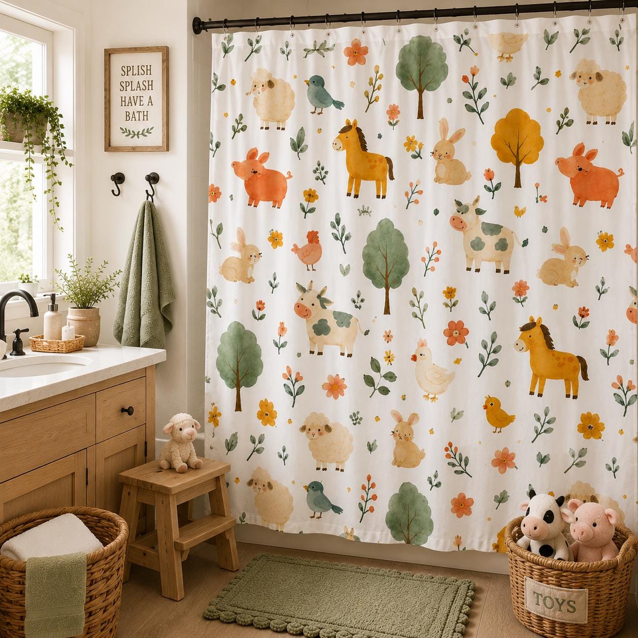 Woodland Farm Animals Shower Curtain Cute Nursery Pattern Farmhouse…