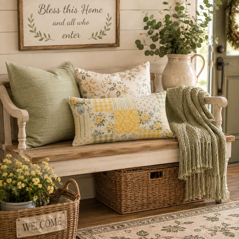 Pu&ograve; includere: Una panca in legno con base bianca presenta un cuscino verde salvia a tinta unita, un cuscino con stampa floreale e un cuscino rettangolare patchwork giallo e bianco. Un plaid in maglia verde salvia con frange pende di lato e un cesto &egrave; sotto.