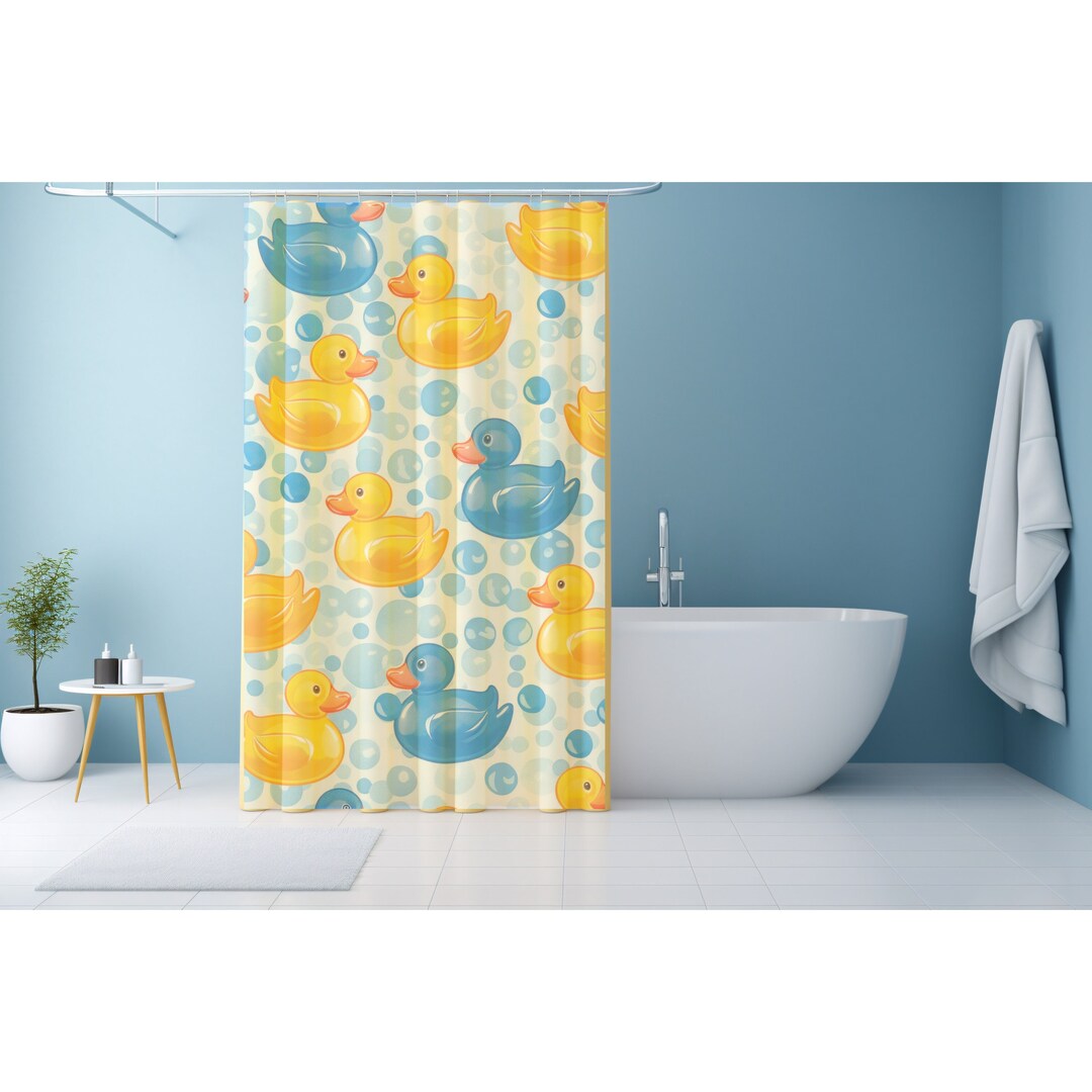 Rubber Ducky Shower Curtain Blue and Yellow Ducks Kids Bathroom Decor