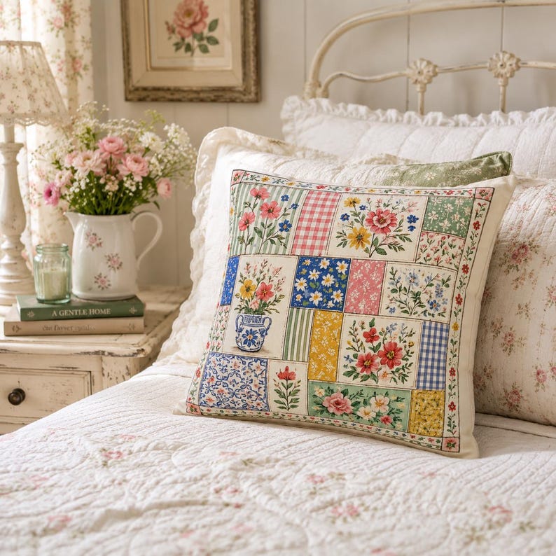 K&ouml;nnte beinhalten: Ein quadratisches Zierkissen mit einem Patchwork-Design mit Blumenmustern und einer Blumenvase. Das Kissen hat einen cremefarbenen Hintergrund und liegt auf einem Bett mit einer floral gemusterten Steppdecke.
