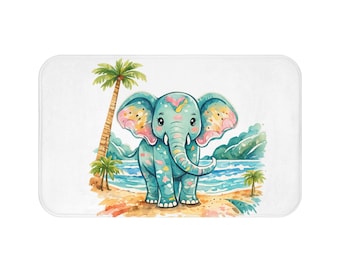 Strand Elefant Badematte, Küsten Kinder Badezimmer Teppich, Tropisches Ozean Badezimmer Dekor, Aquarell Elefant Badteppich, Kinderzimmer Badezimmer Matte
