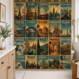 May include: A shower curtain featuring a grid of twenty vintage-style travel posters depicting global landmarks including Paris, Rome, London, New York, Rio de Janeiro, Tokyo, Sydney, Cairo, Barcelona, Dubai, Greece, Venice, Bali, Morocco, Amsterdam, Santorini, Prague, Vienna, Machu Picchu, and Nice.