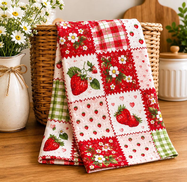 May include: A kitchen towel featuring a patchwork design of red strawberries, white flowers, and green and red gingham squares. The fabric displays various patterns including small hearts, tiny strawberries, and floral motifs on a white background.